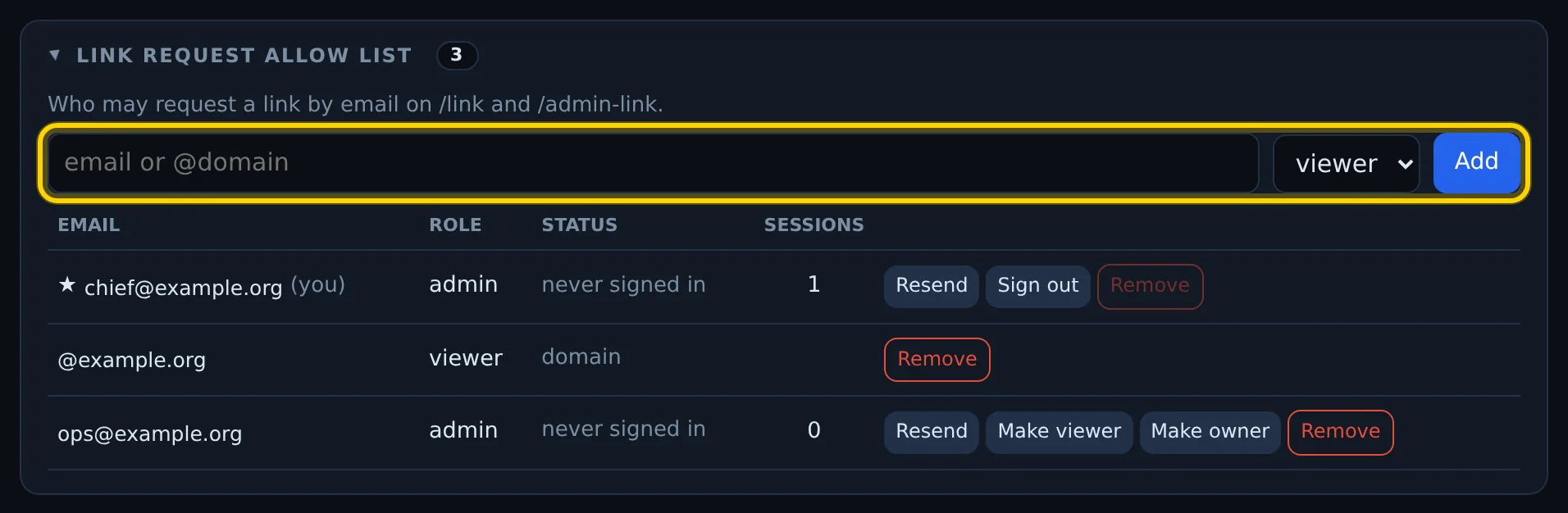 Link request allow list card with the add row outlined; three entries listed, your own row marked (you)
