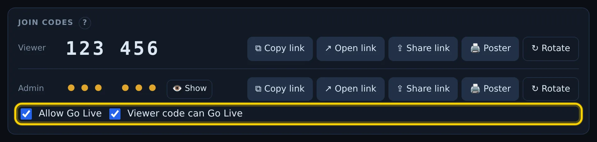Join codes card with the Allow Go Live and Viewer code can Go Live switches outlined