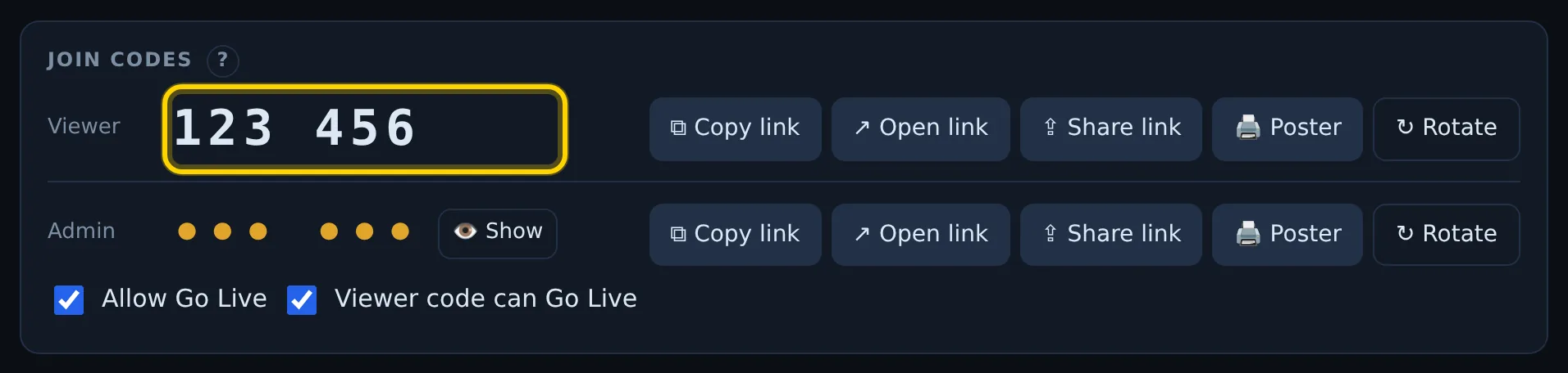 Join codes card with the viewer code 123 456 outlined, and Copy link, Open link, Share link, Poster and Rotate buttons