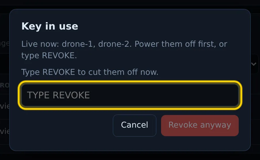 The Key in use box: "Live now: drone-1, drone-2. Power them off first, or type REVOKE." with the Type REVOKE box outlined, and Cancel and Revoke anyway buttons