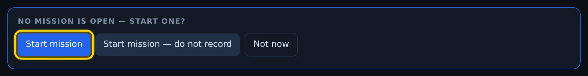 The "No mission is open — start one?" box with the Start mission button outlined