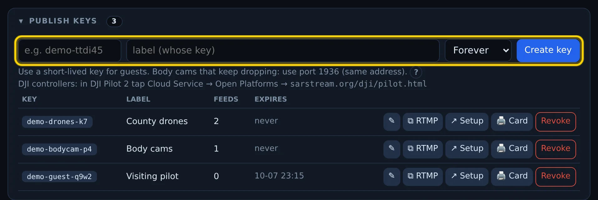 Publish keys card with the key word, label, duration and Create key row outlined; three keys listed below