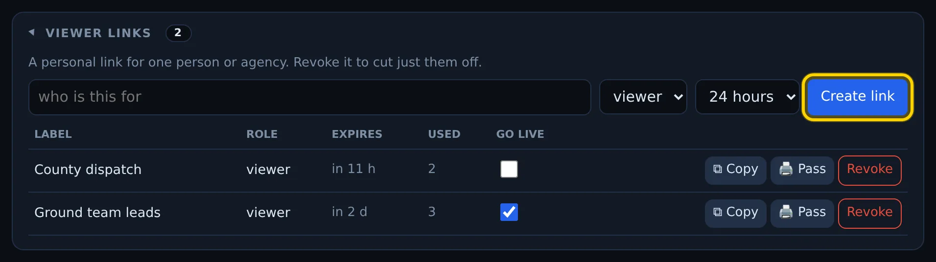 Viewer links card with the Create link button outlined; two links listed