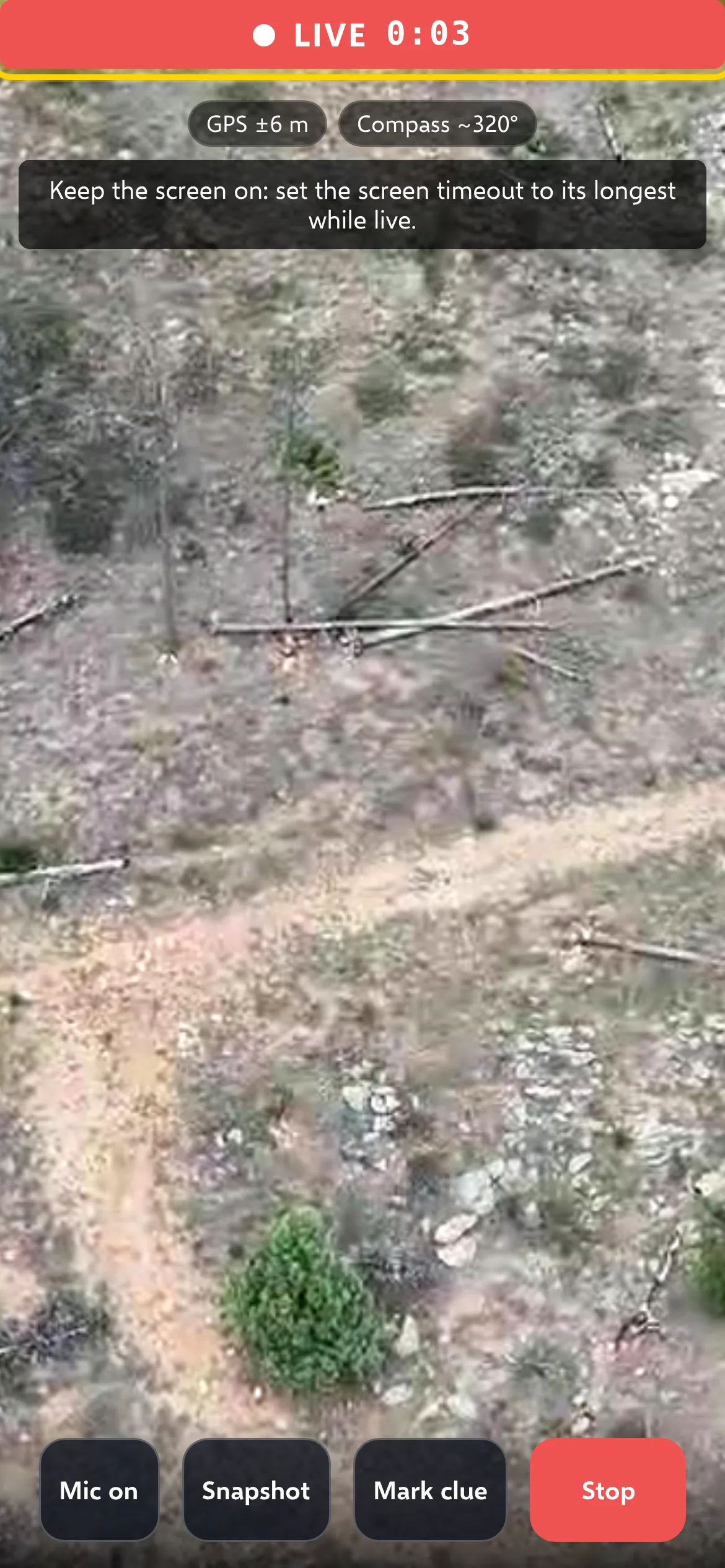 Phone while live: the red LIVE banner with a timer is outlined; GPS and Compass chips below it; Mic on, Snapshot, Mark clue and Stop buttons at the bottom