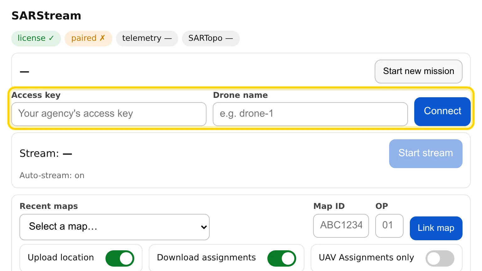 Pilot page with empty Access key and Drone name boxes and the Connect button, outlined