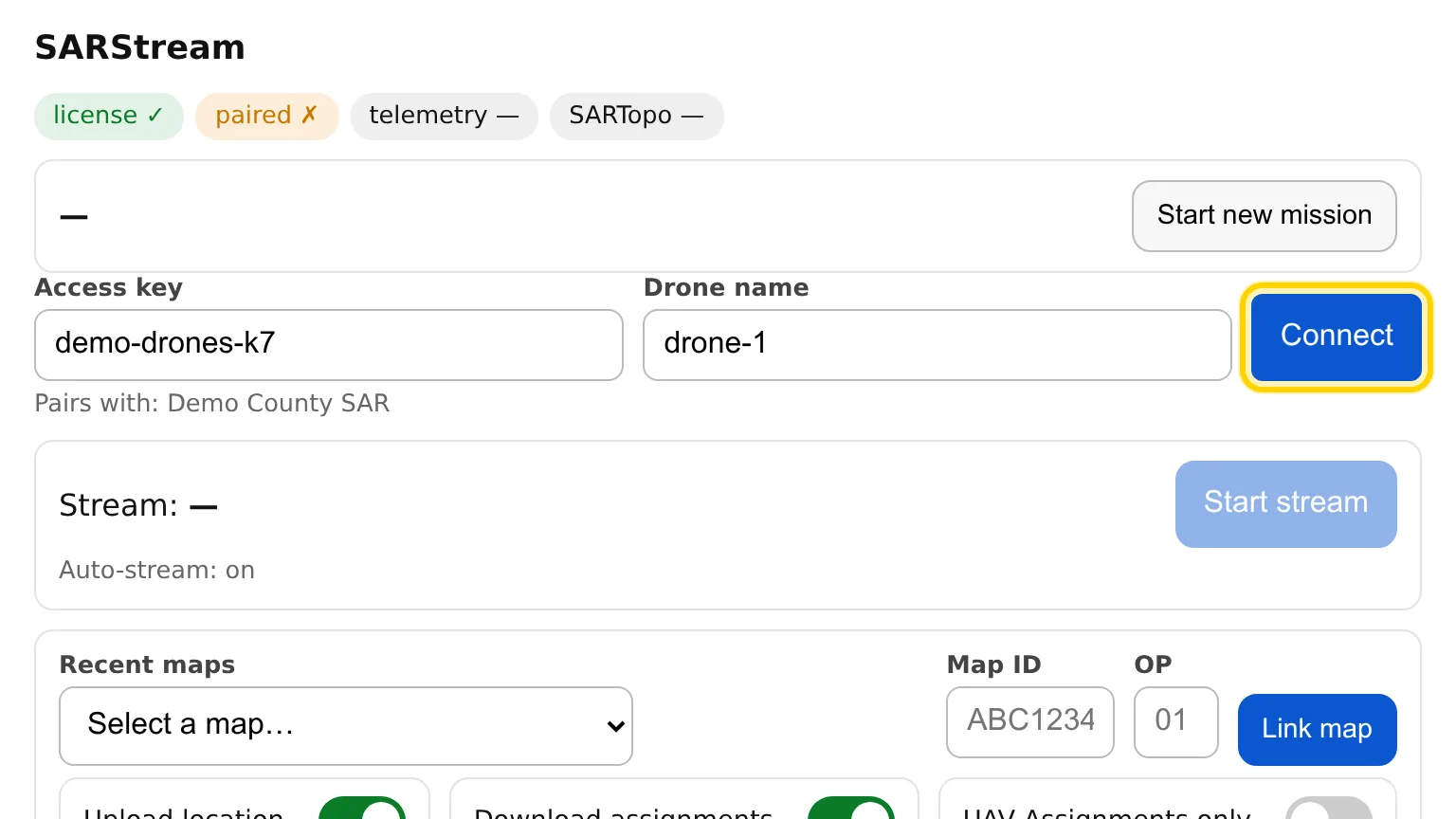 Pilot page with the key and drone name filled in, "Pairs with: Demo County SAR" below them, and the Connect button outlined