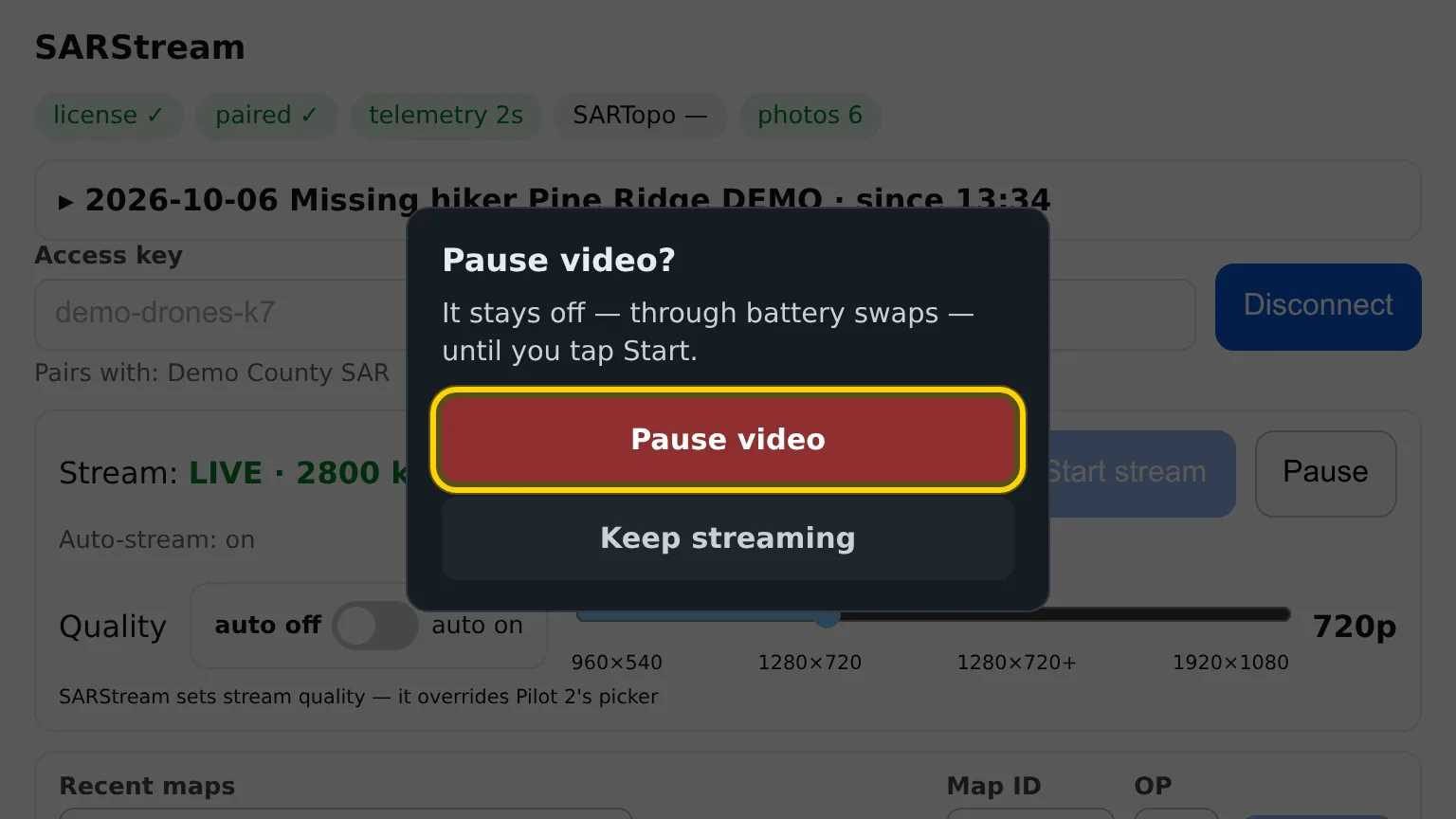 The Pause video? box on the Pilot page, with Pause video outlined and Keep streaming below it