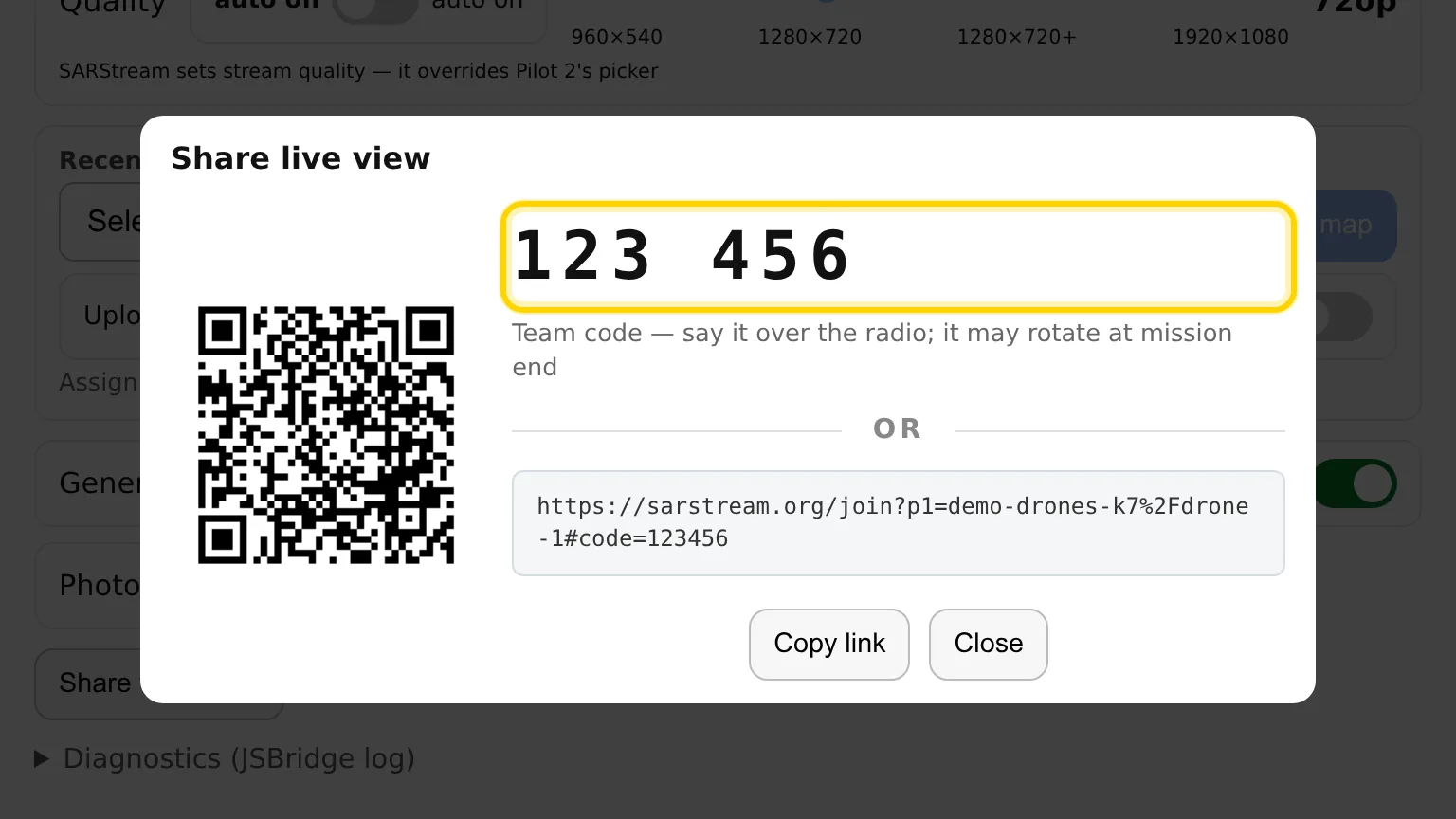 Share live view box on the Pilot page: a QR code and the team code 123 456 (outlined), with Copy link and Close buttons