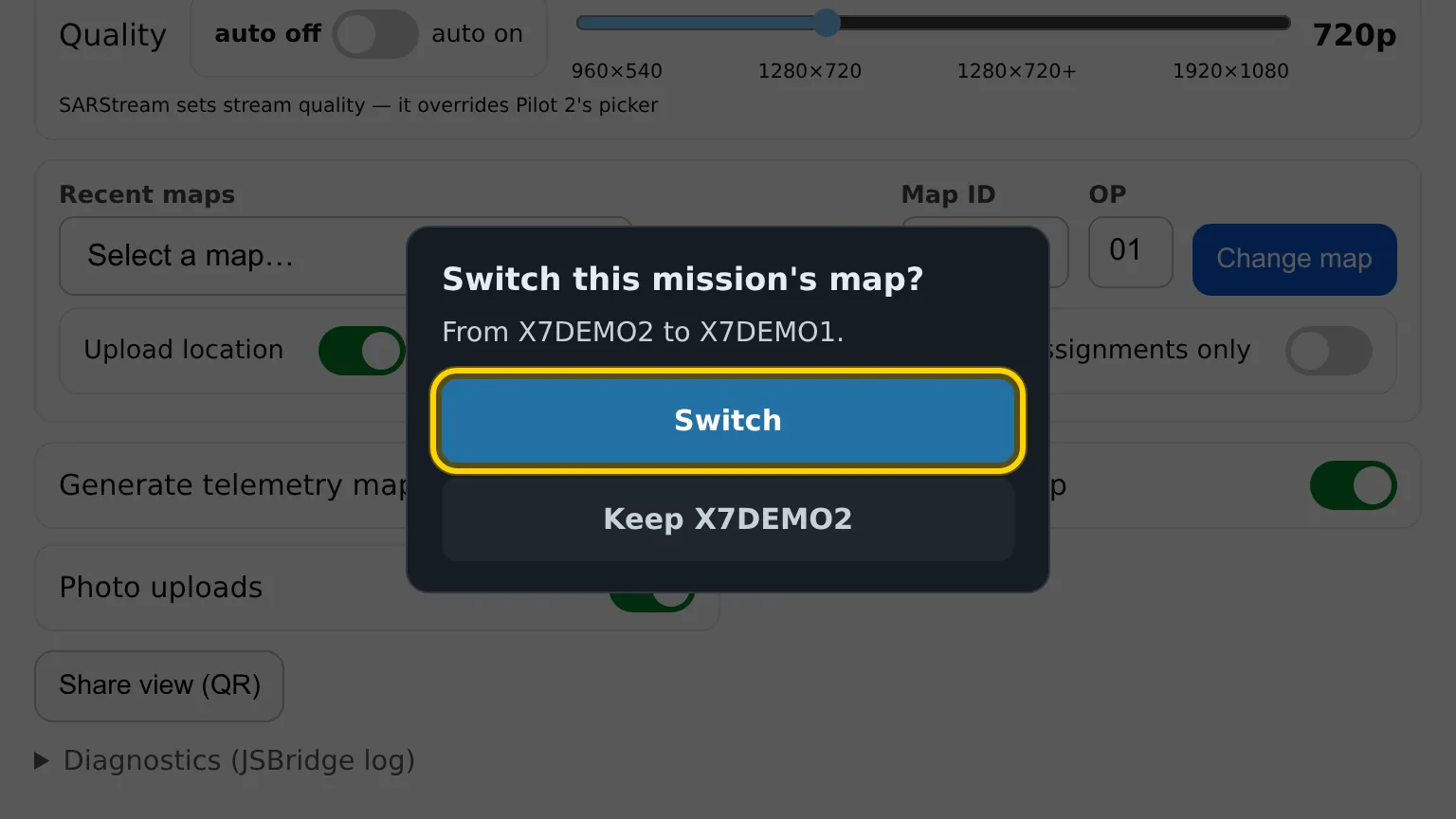 Pilot page with the Switch this mission's map? box: "From X7DEMO2 to X7DEMO1." and the Switch button outlined above Keep X7DEMO2