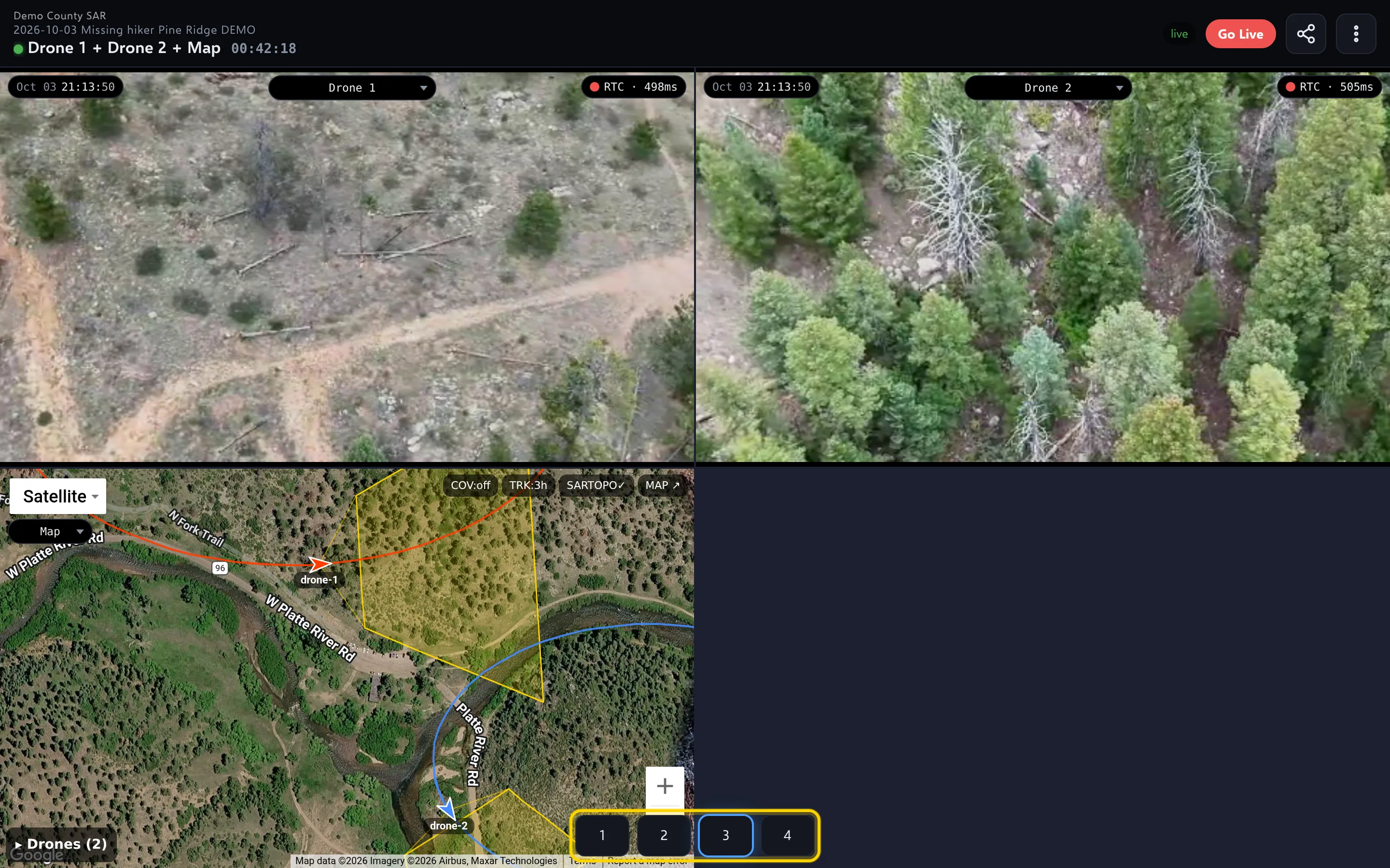 The viewer on a computer with three panes — Drone 1, Drone 2 and the map — and the 1 2 3 4 buttons at the bottom outlined