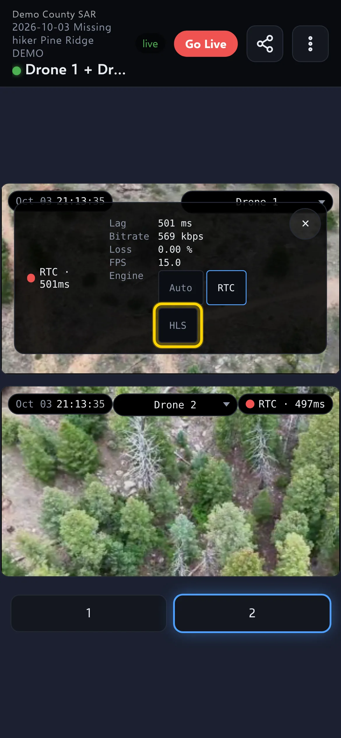 The speed chip opened on a phone: Lag, Bitrate, Loss and FPS, with the Auto, RTC and HLS buttons; HLS is outlined