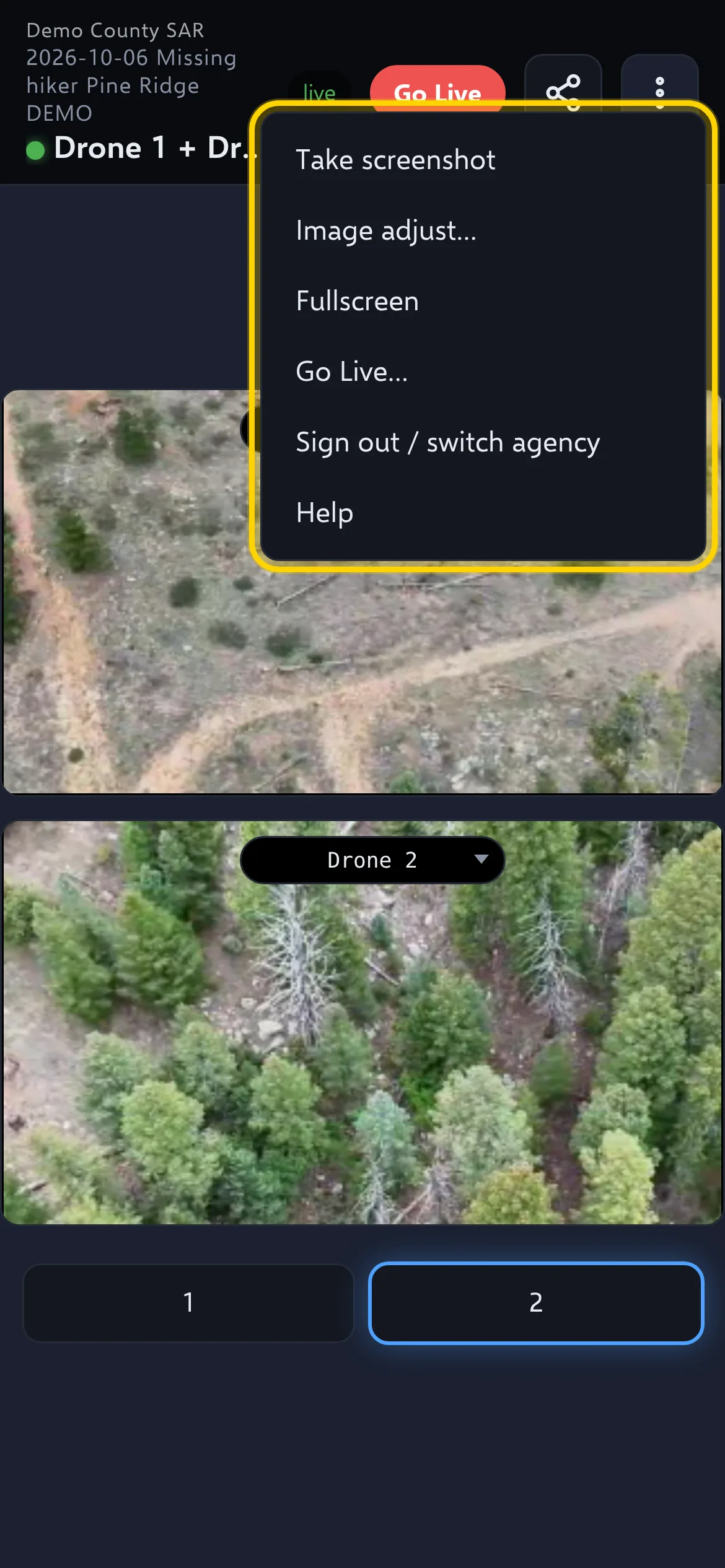 The viewer's ⋮ menu open on a phone, outlined: Take screenshot, Image adjust…, Fullscreen, Go Live…, Sign out / switch agency, Help