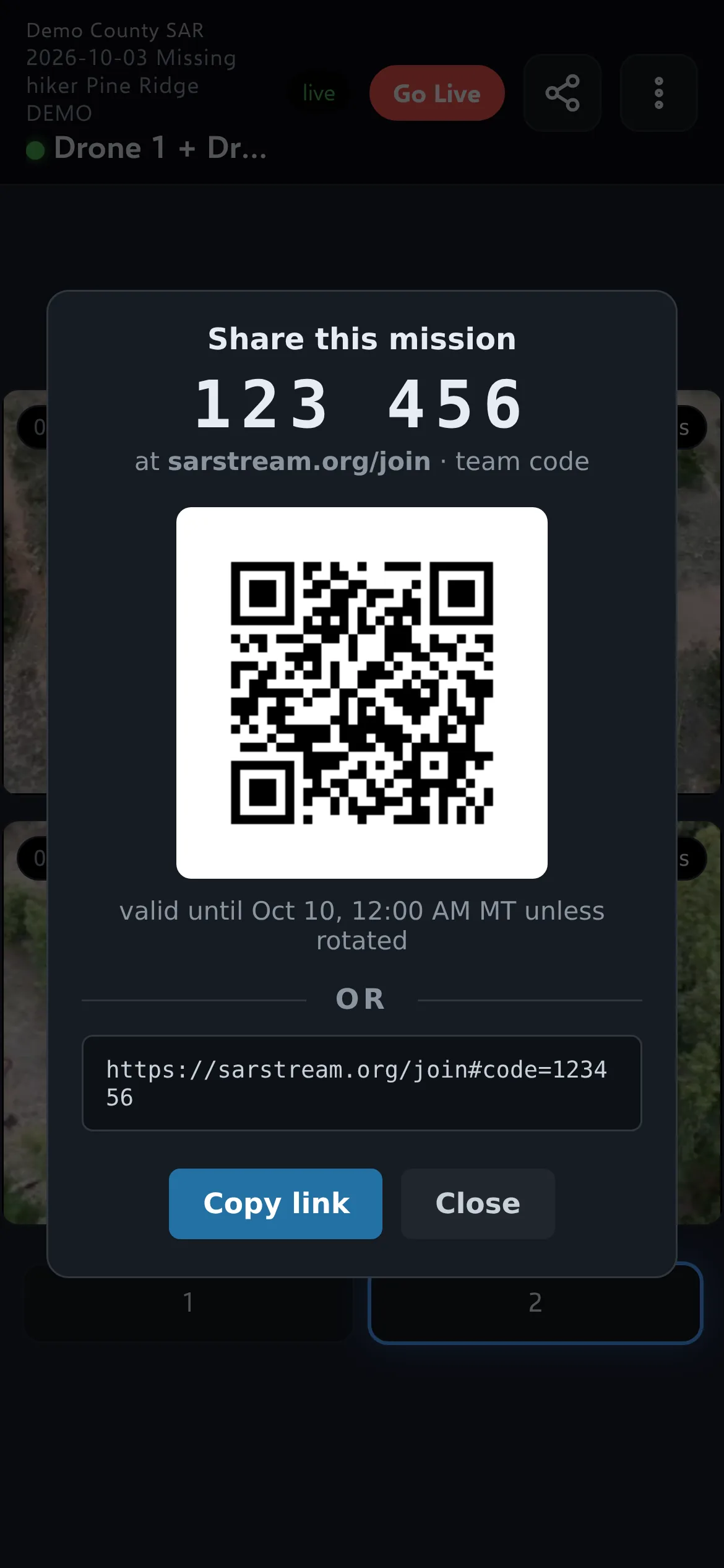 The Share this mission box: the code 123 456, a QR code, the link, and Copy link and Close buttons
